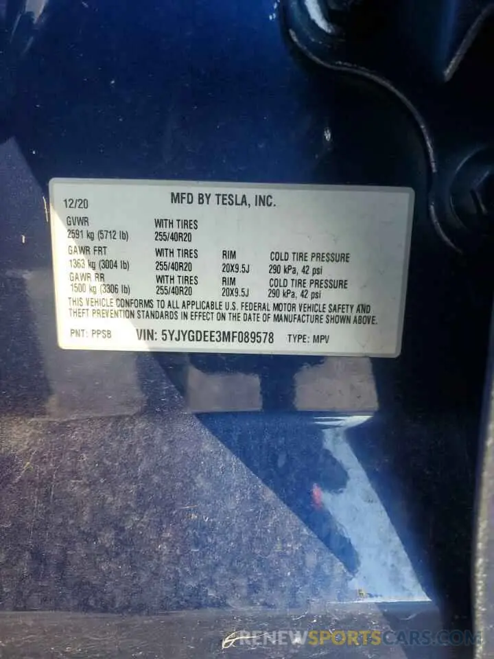 12 Photograph of a damaged car 5YJYGDEE3MF089578 TESLA MODEL Y 2021