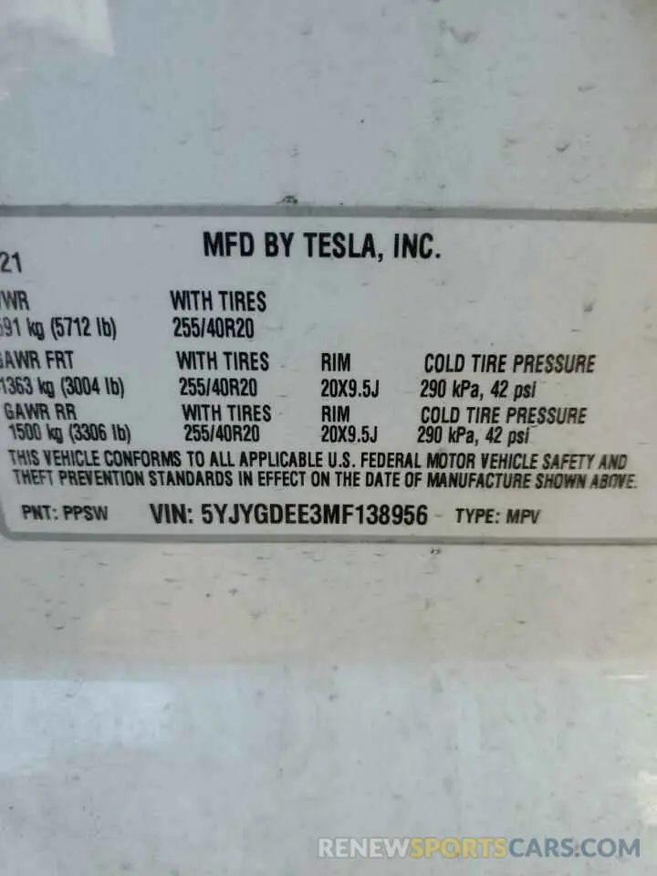 12 Photograph of a damaged car 5YJYGDEE3MF138956 TESLA MODEL Y 2021