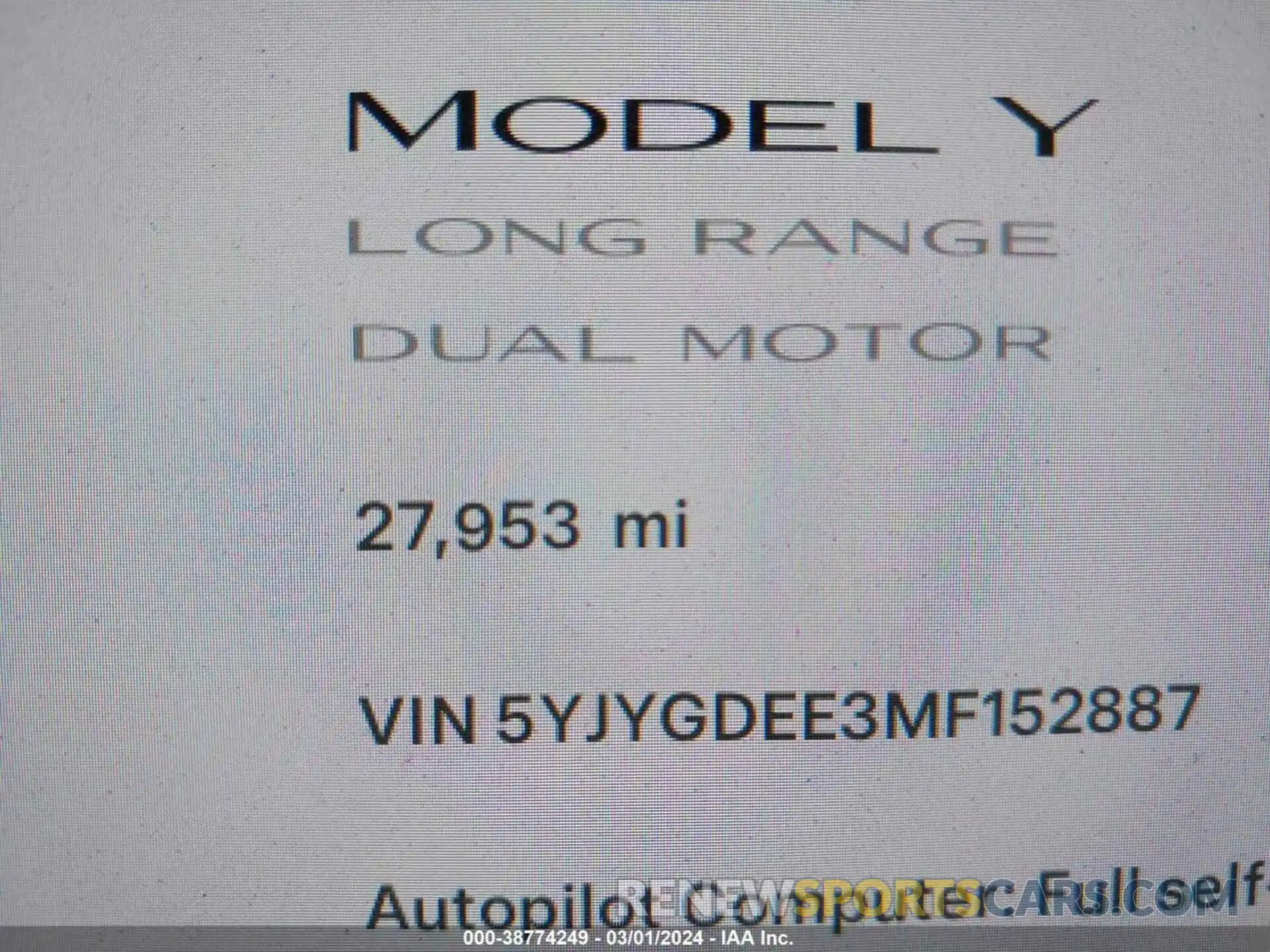 15 Photograph of a damaged car 5YJYGDEE3MF152887 TESLA MODEL Y 2021