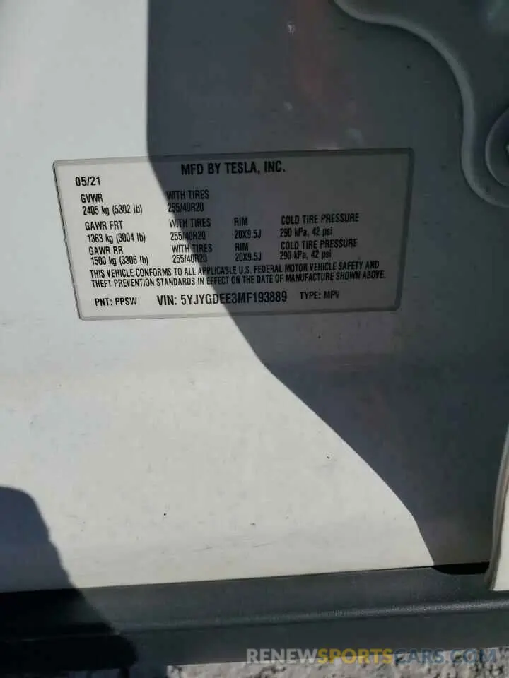 12 Photograph of a damaged car 5YJYGDEE3MF193889 TESLA MODEL Y 2021