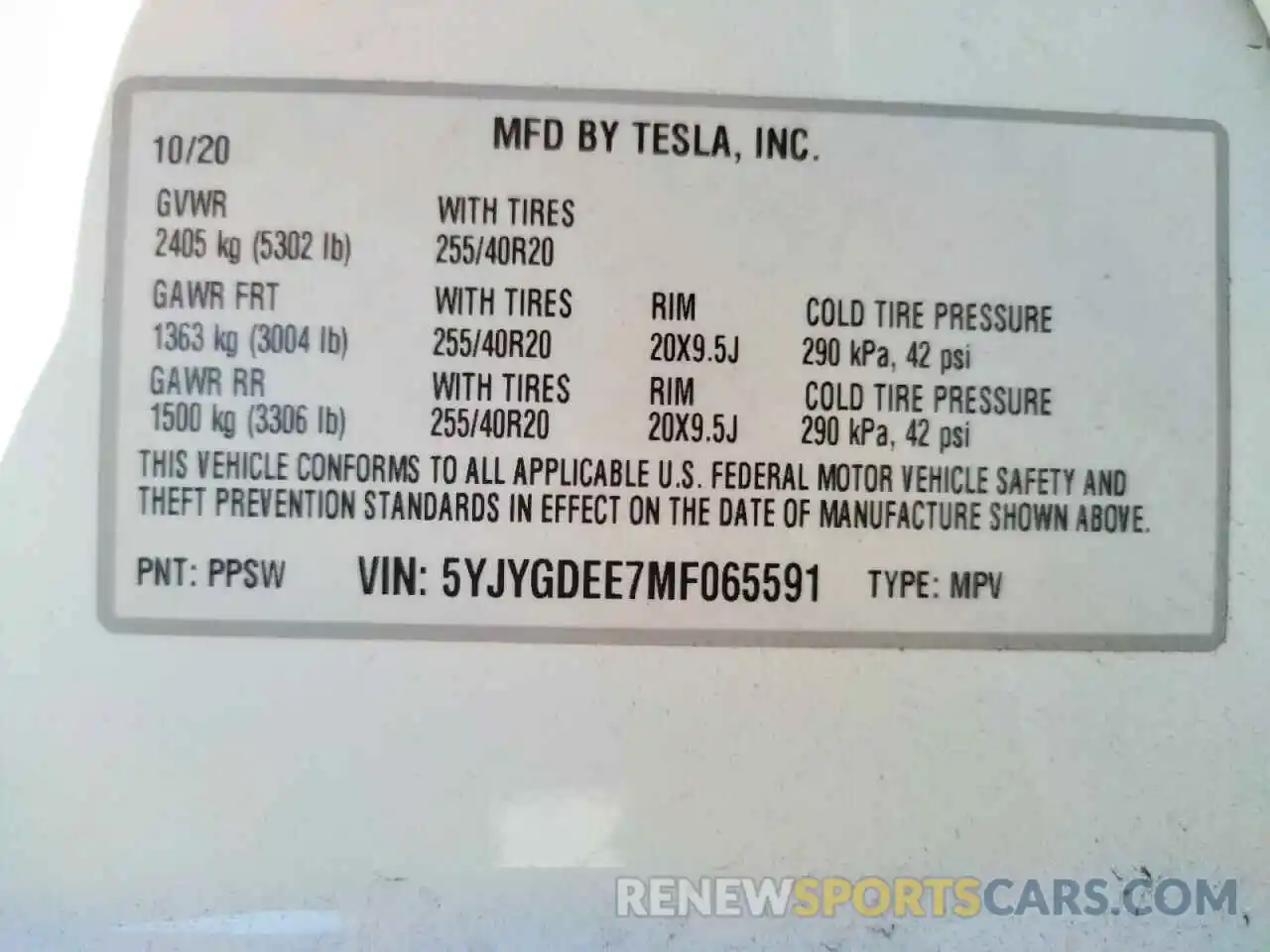 10 Photograph of a damaged car 5YJYGDEE7MF065591 TESLA MODEL Y 2021