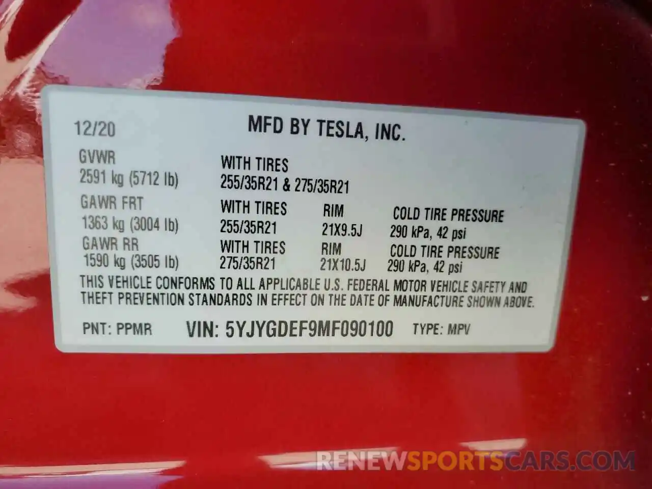 10 Photograph of a damaged car 5YJYGDEF9MF090100 TESLA MODEL Y 2021