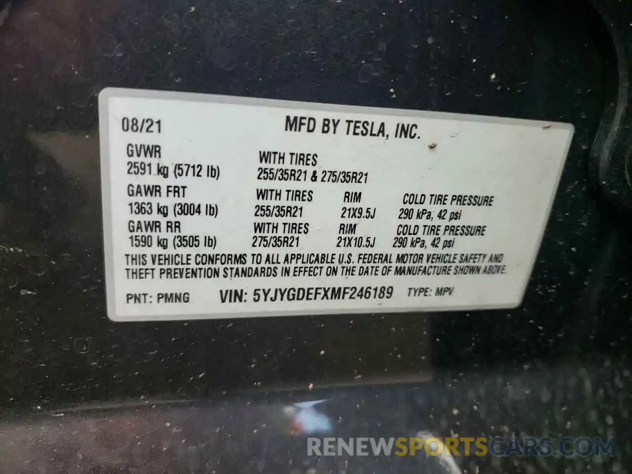 10 Photograph of a damaged car 5YJYGDEFXMF246189 TESLA MODEL Y 2021