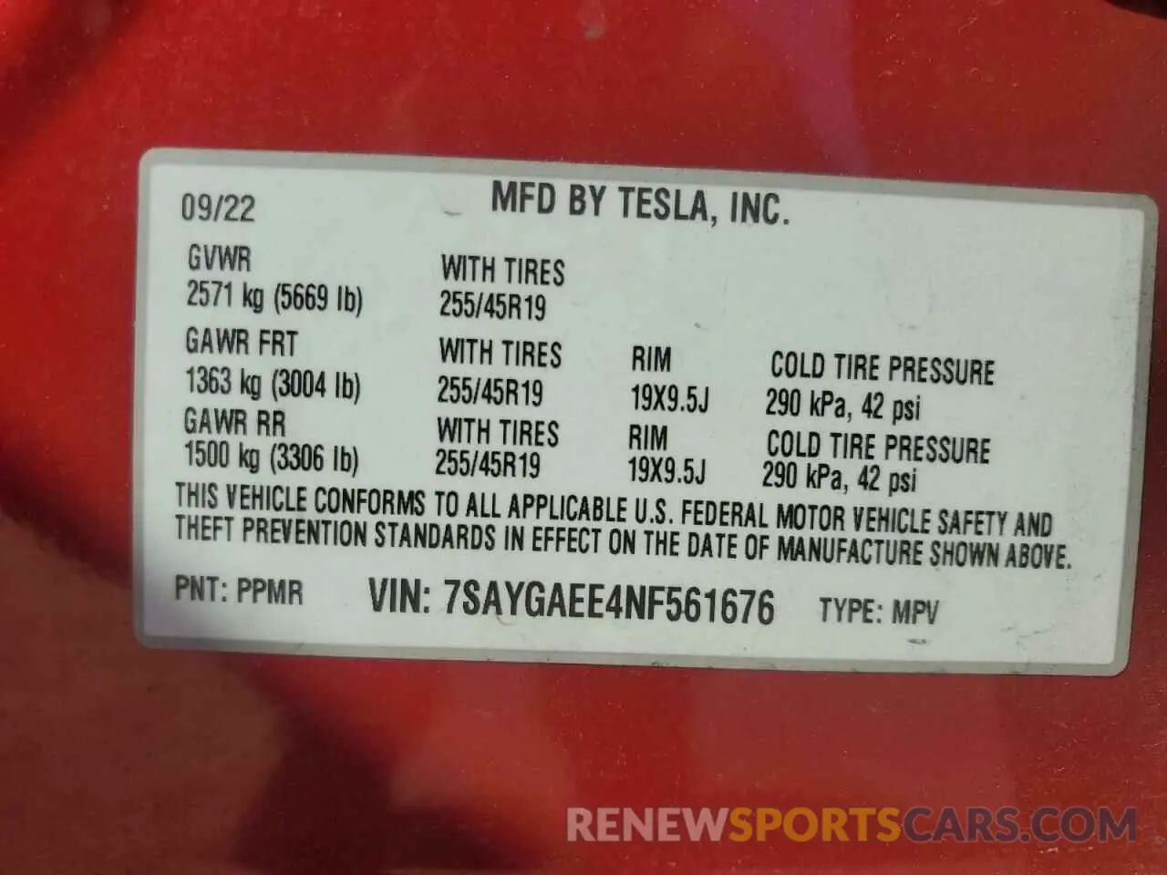 14 Photograph of a damaged car 7SAYGAEE4NF561676 TESLA MODEL Y 2022