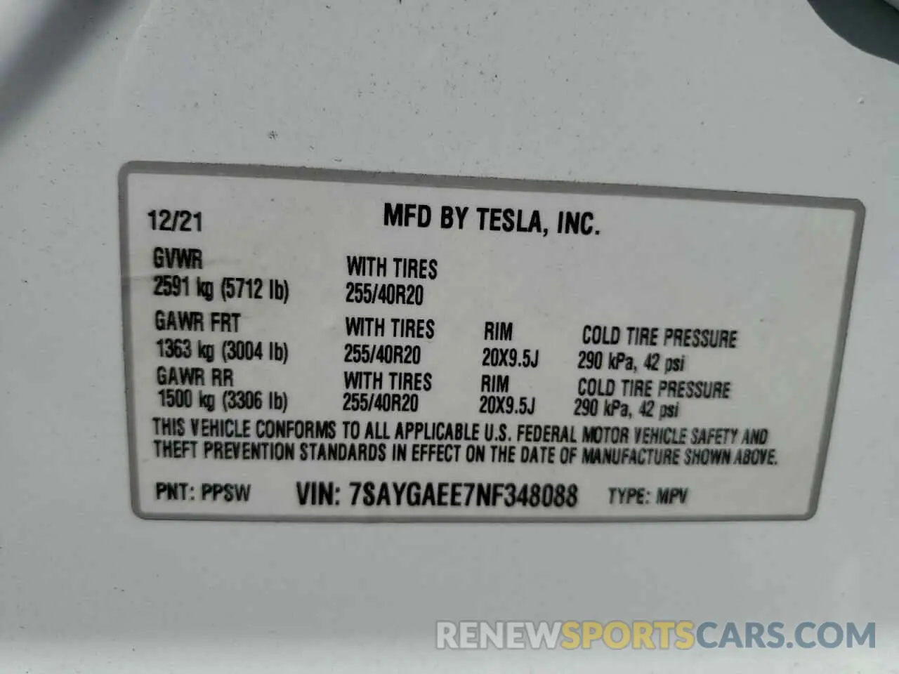 12 Photograph of a damaged car 7SAYGAEE7NF348088 TESLA MODEL Y 2022