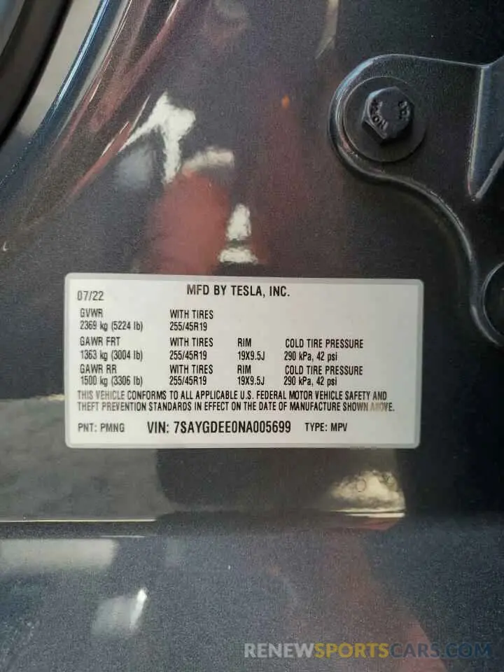 13 Photograph of a damaged car 7SAYGDEE0NA005699 TESLA MODEL Y 2022