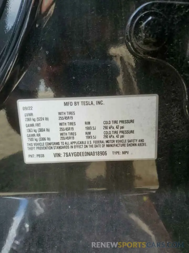 13 Photograph of a damaged car 7SAYGDEE0NA018906 TESLA MODEL Y 2022