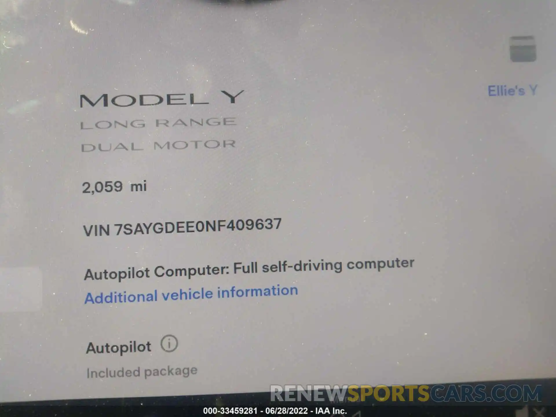 7 Photograph of a damaged car 7SAYGDEE0NF409637 TESLA MODEL Y 2022