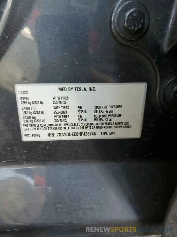 14 Photograph of a damaged car 7SAYGDEE0NF426745 TESLA MODEL Y 2022