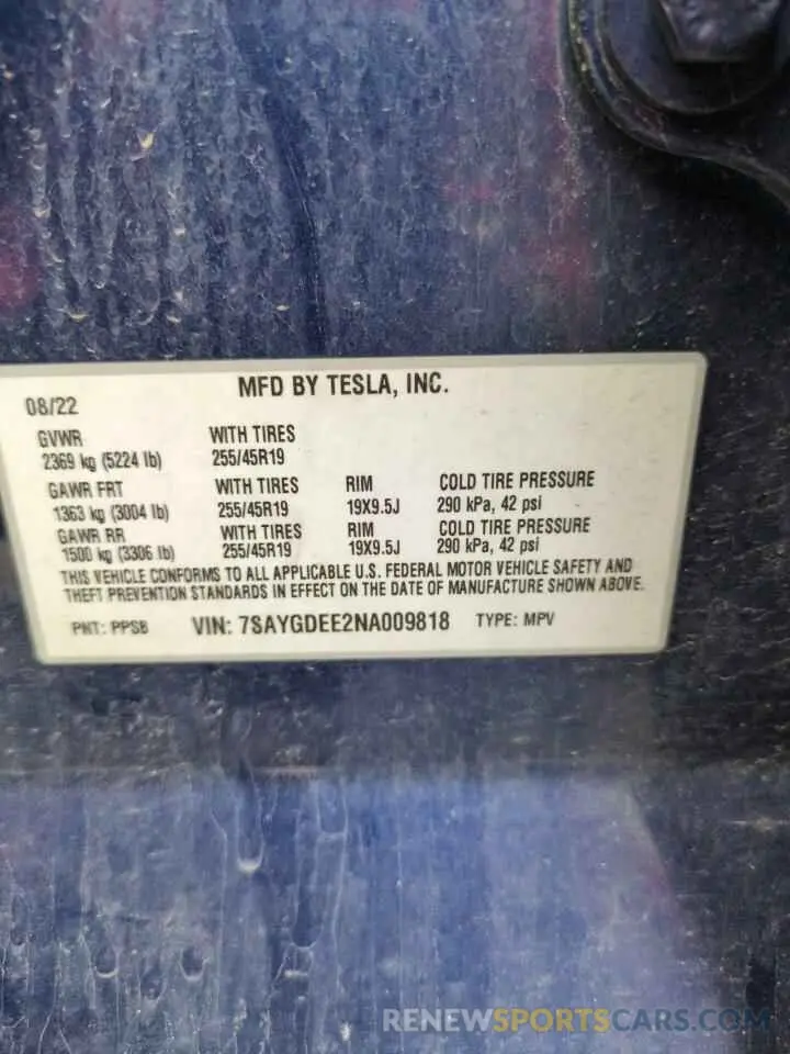 12 Photograph of a damaged car 7SAYGDEE2NA009818 TESLA MODEL Y 2022