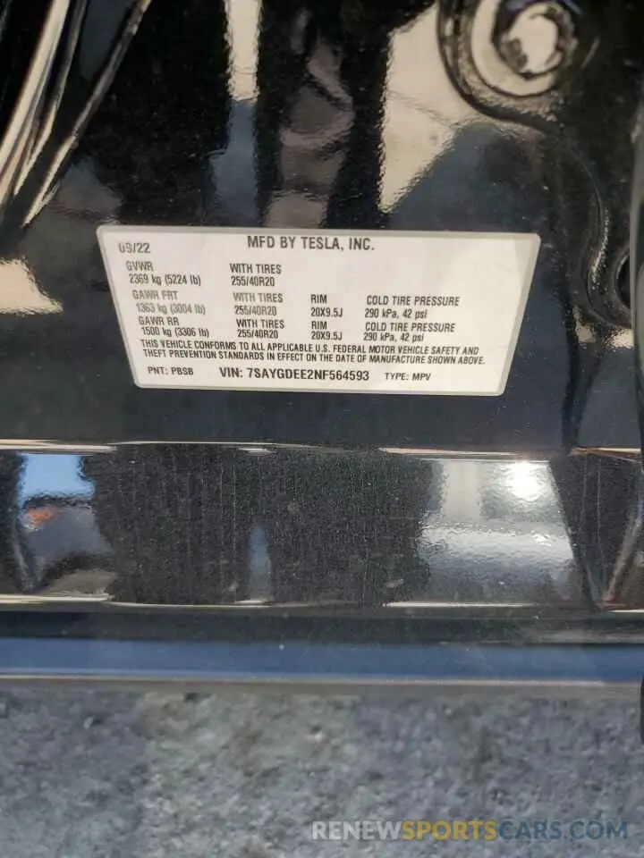 12 Photograph of a damaged car 7SAYGDEE2NF564593 TESLA MODEL Y 2022