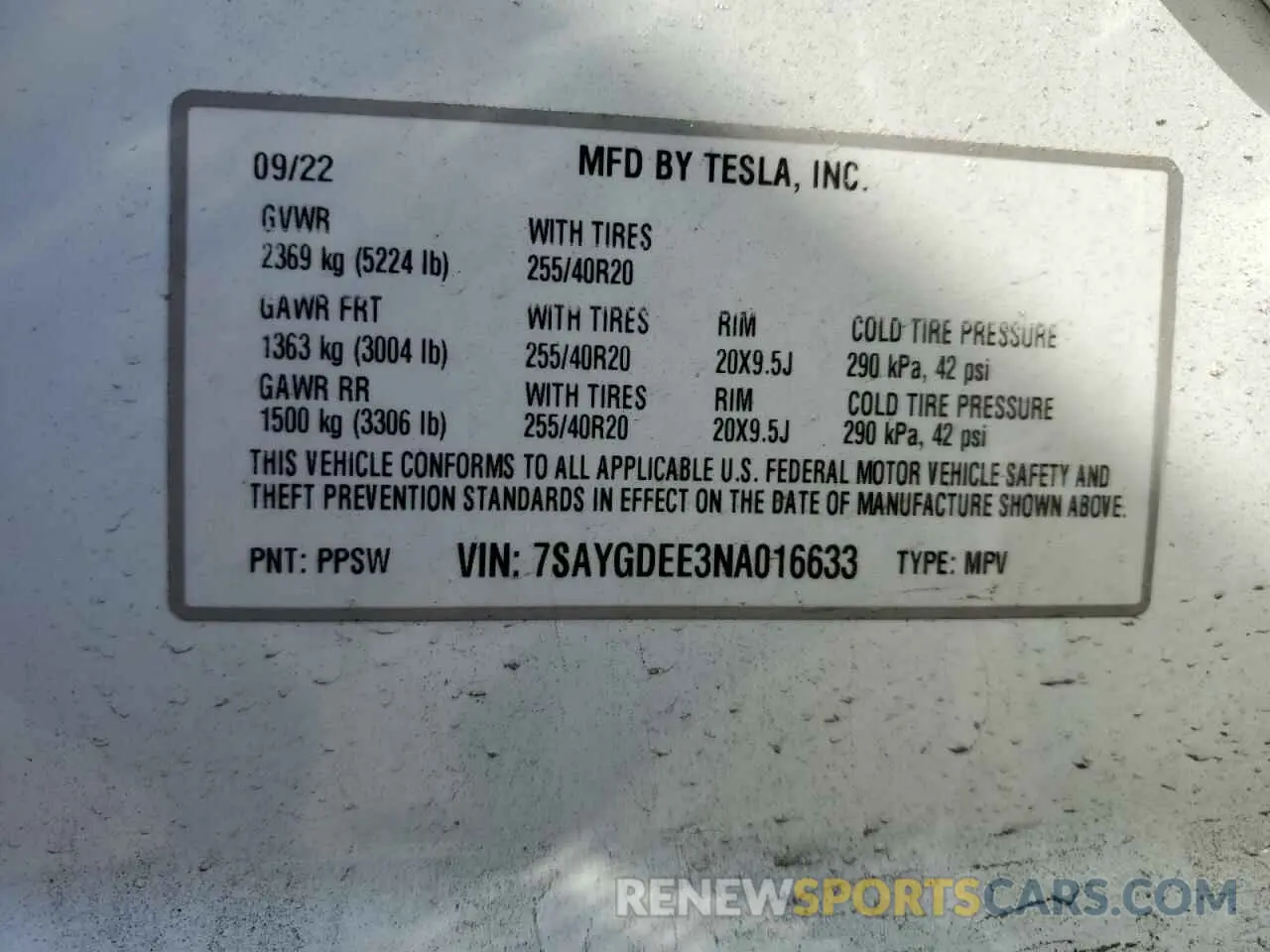 14 Photograph of a damaged car 7SAYGDEE3NA016633 TESLA MODEL Y 2022