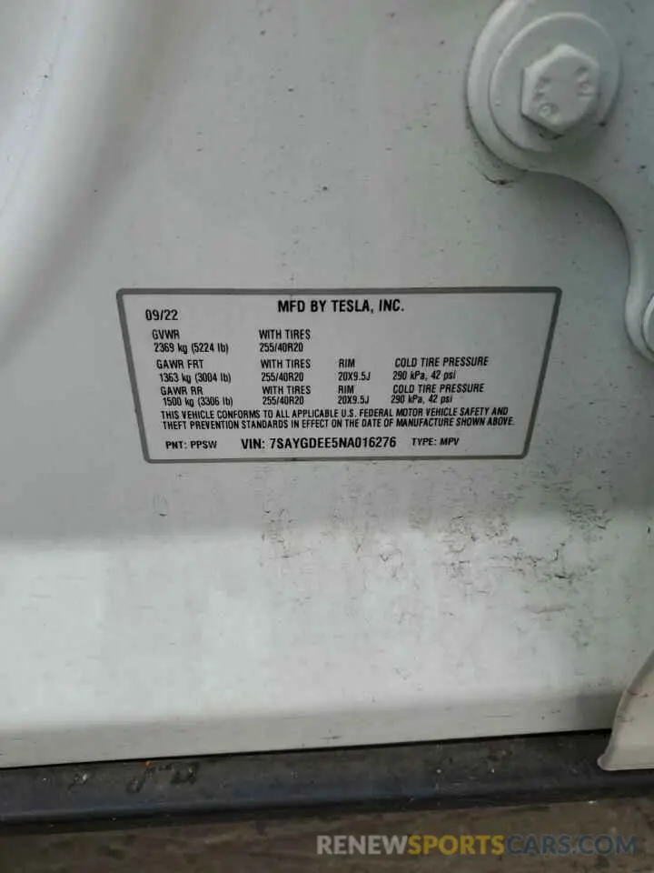 12 Photograph of a damaged car 7SAYGDEE5NA016276 TESLA MODEL Y 2022