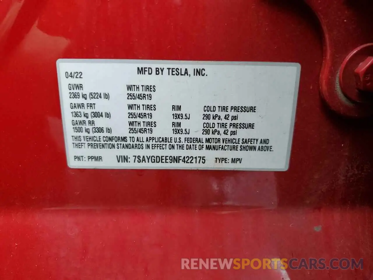 14 Photograph of a damaged car 7SAYGDEE9NF422175 TESLA MODEL Y 2022