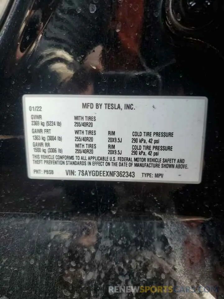 12 Photograph of a damaged car 7SAYGDEEXNF362343 TESLA MODEL Y 2022