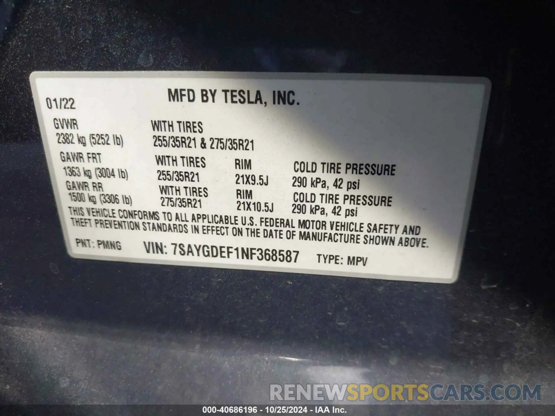 9 Photograph of a damaged car 7SAYGDEF1NF368587 TESLA MODEL Y 2022