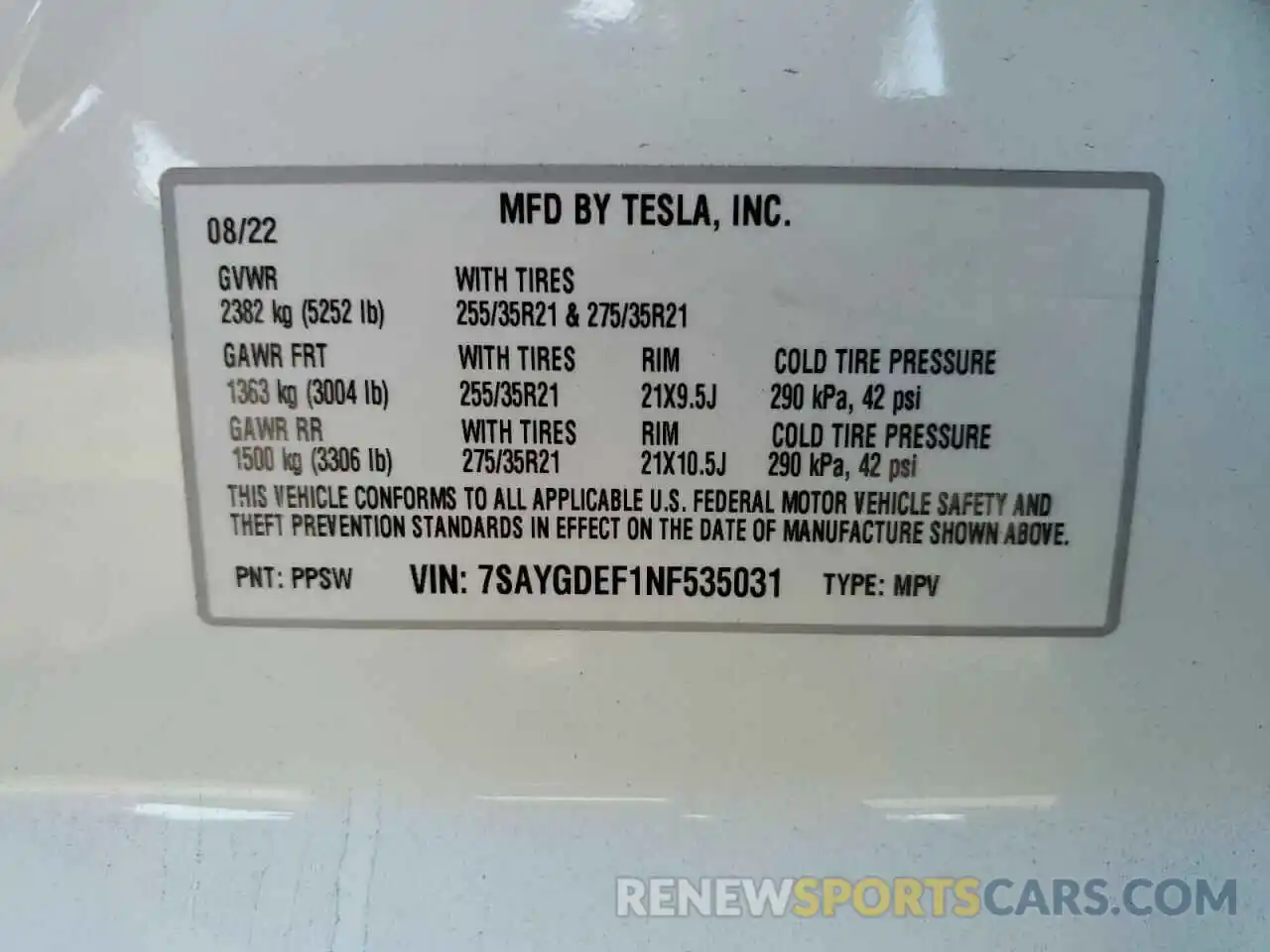 10 Photograph of a damaged car 7SAYGDEF1NF535031 TESLA MODEL Y 2022