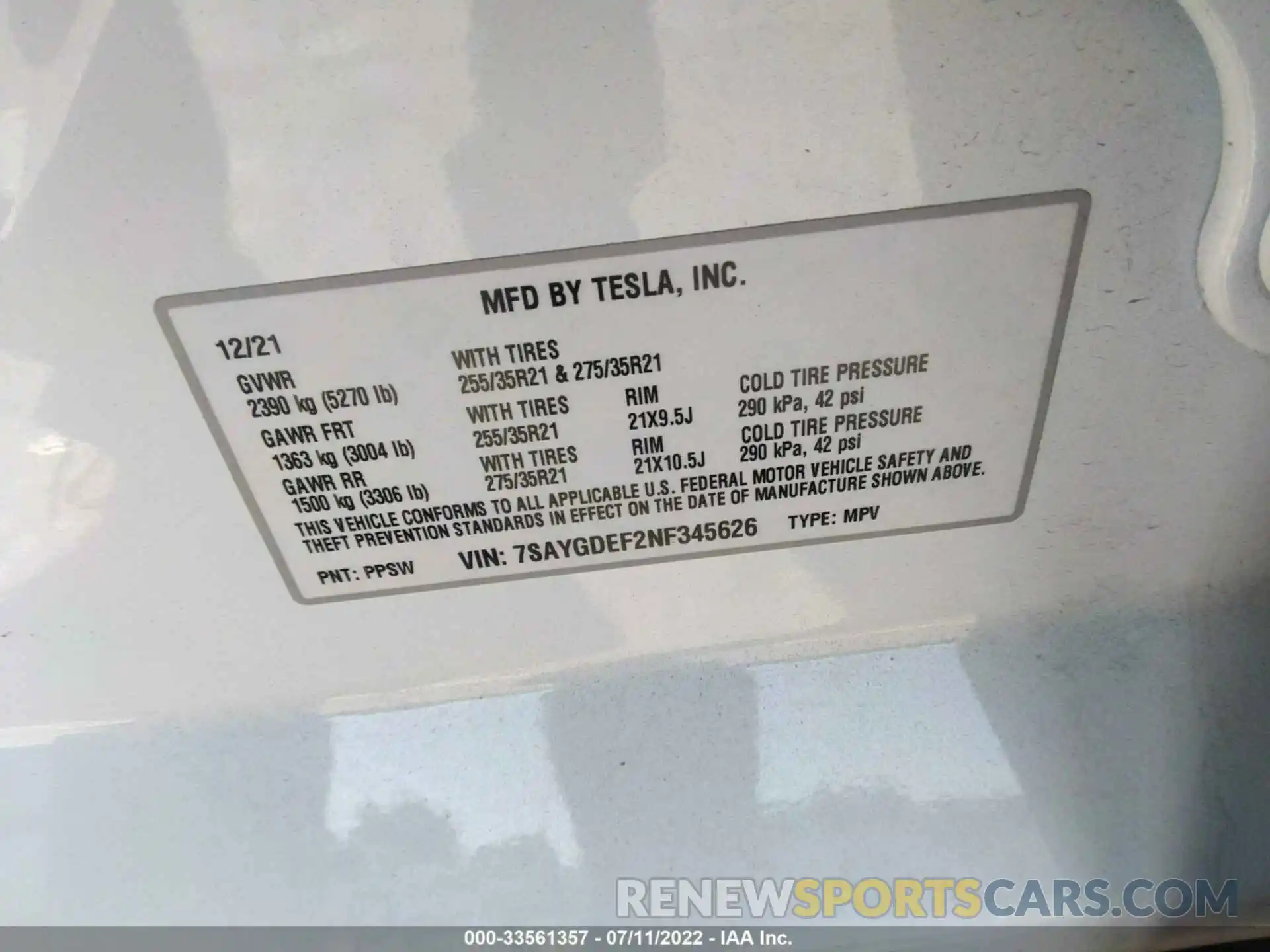 9 Photograph of a damaged car 7SAYGDEF2NF345626 TESLA MODEL Y 2022