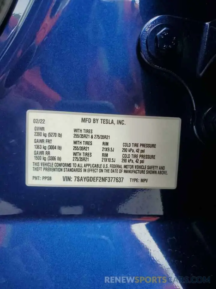 12 Photograph of a damaged car 7SAYGDEF2NF377637 TESLA MODEL Y 2022
