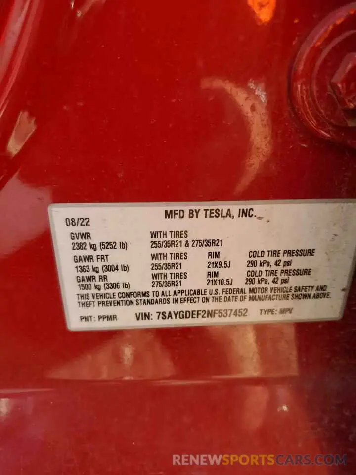 12 Photograph of a damaged car 7SAYGDEF2NF537452 TESLA MODEL Y 2022