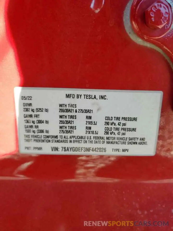 12 Photograph of a damaged car 7SAYGDEF3NF442026 TESLA MODEL Y 2022