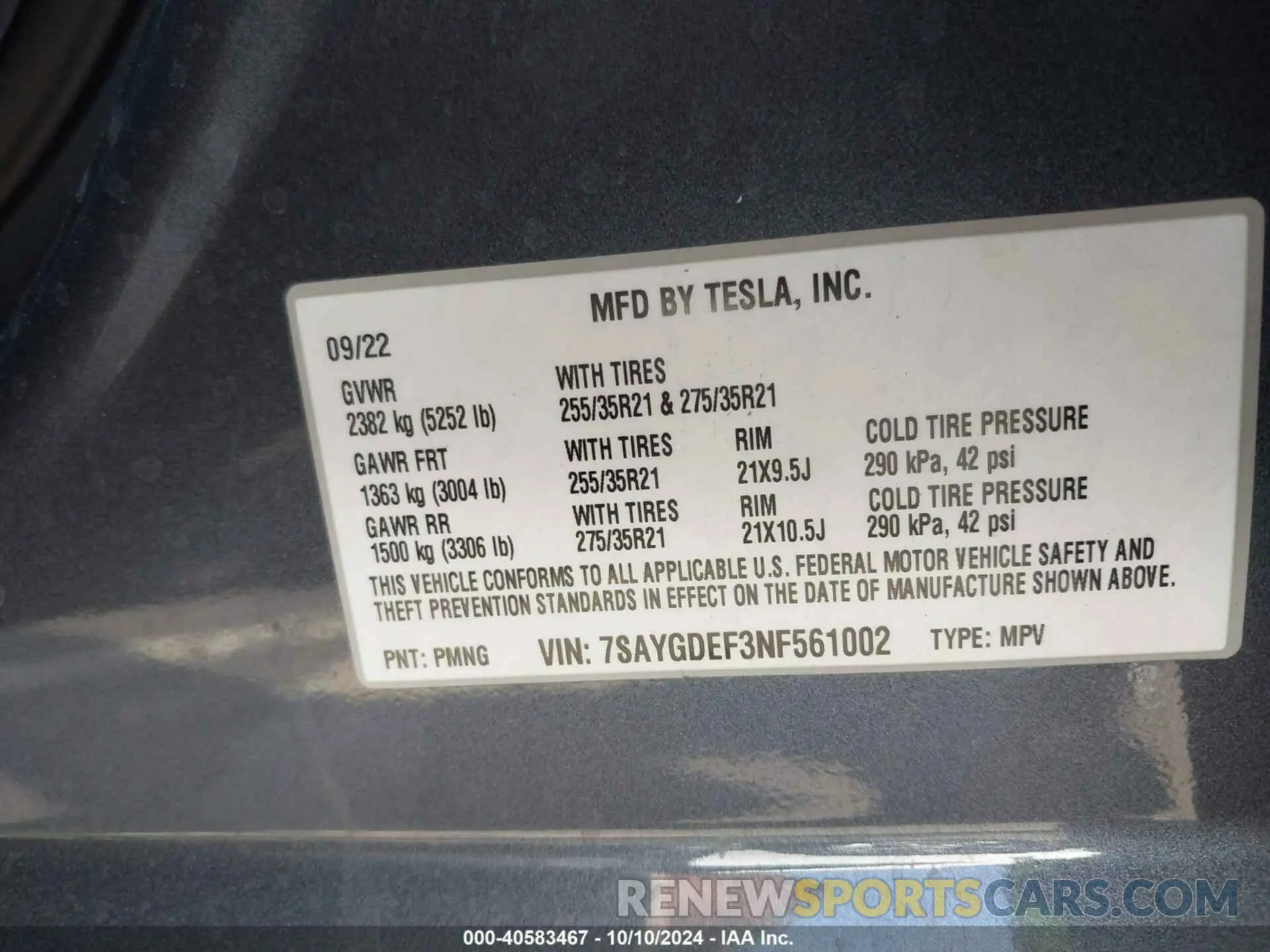 9 Photograph of a damaged car 7SAYGDEF3NF561002 TESLA MODEL Y 2022