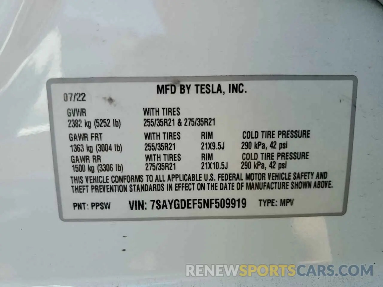 15 Photograph of a damaged car 7SAYGDEF5NF509919 TESLA MODEL Y 2022