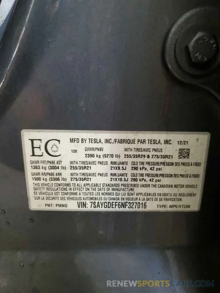 14 Photograph of a damaged car 7SAYGDEF6NF327016 TESLA MODEL Y 2022