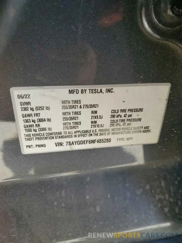 15 Photograph of a damaged car 7SAYGDEF6NF485288 TESLA MODEL Y 2022