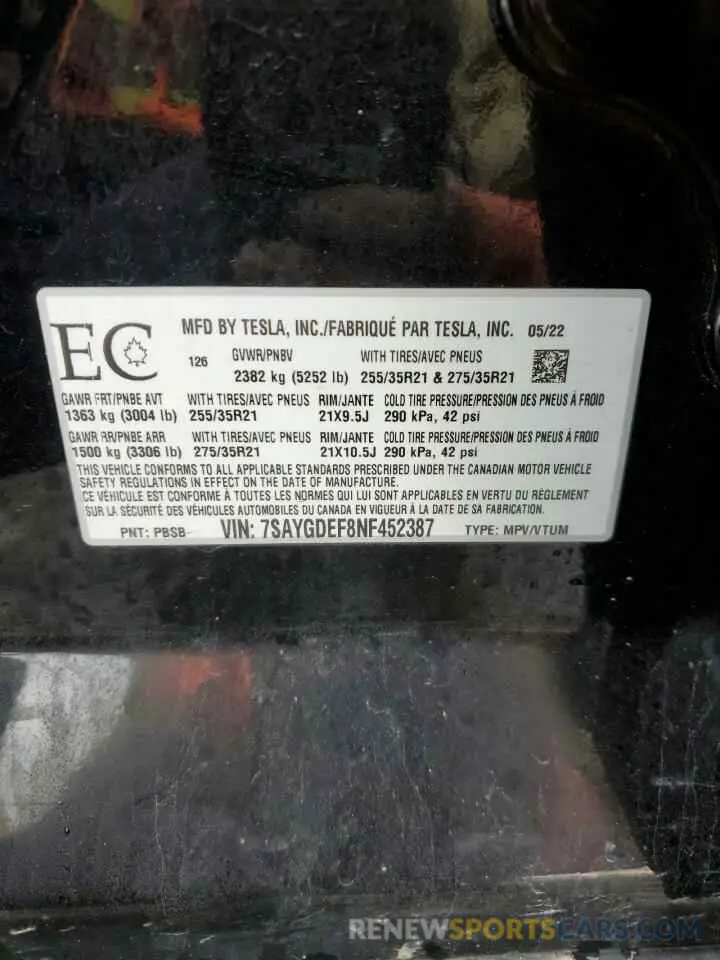 13 Photograph of a damaged car 7SAYGDEF8NF452387 TESLA MODEL Y 2022