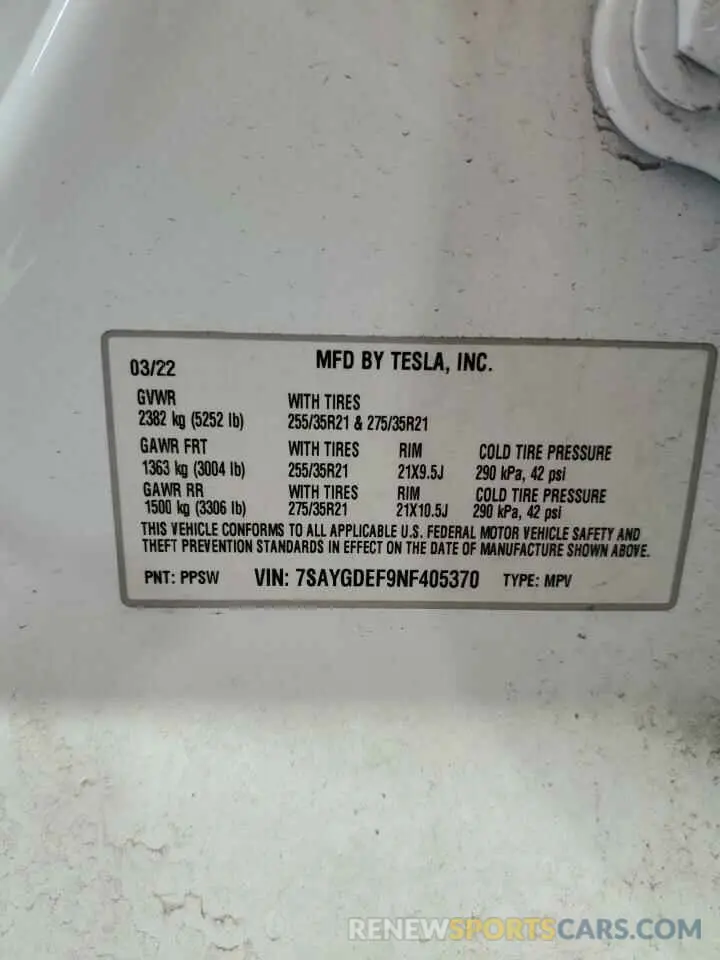 12 Photograph of a damaged car 7SAYGDEF9NF405370 TESLA MODEL Y 2022