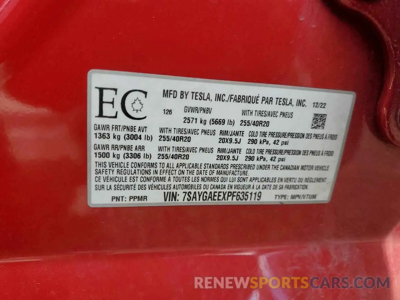 13 Photograph of a damaged car 7SAYGAEEXPF635119 TESLA MODEL Y 2023