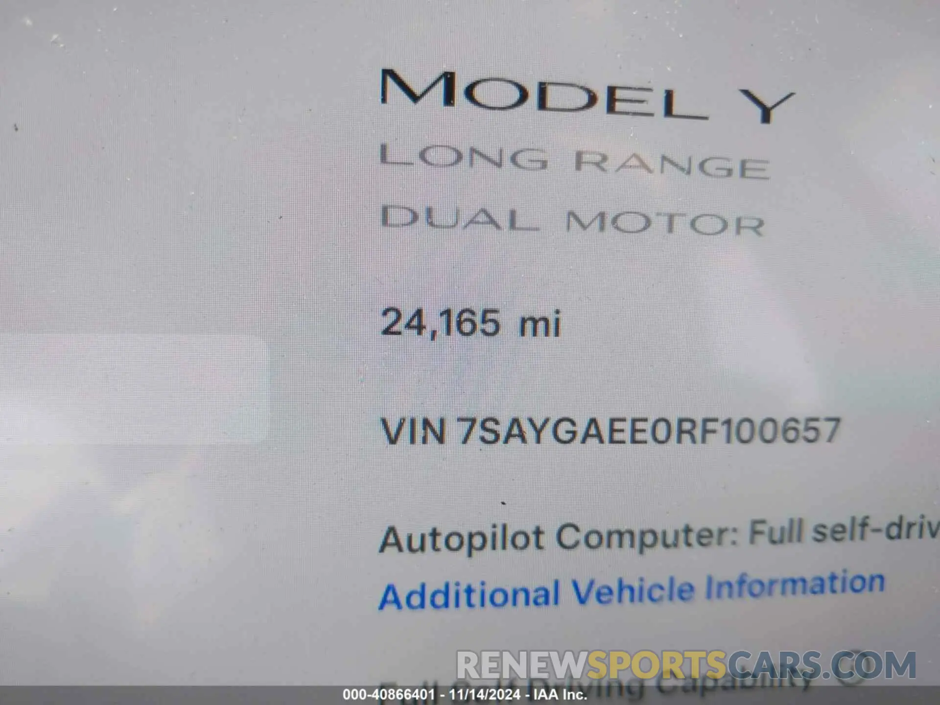 15 Photograph of a damaged car 7SAYGAEE0RF100657 TESLA MODEL Y 2024