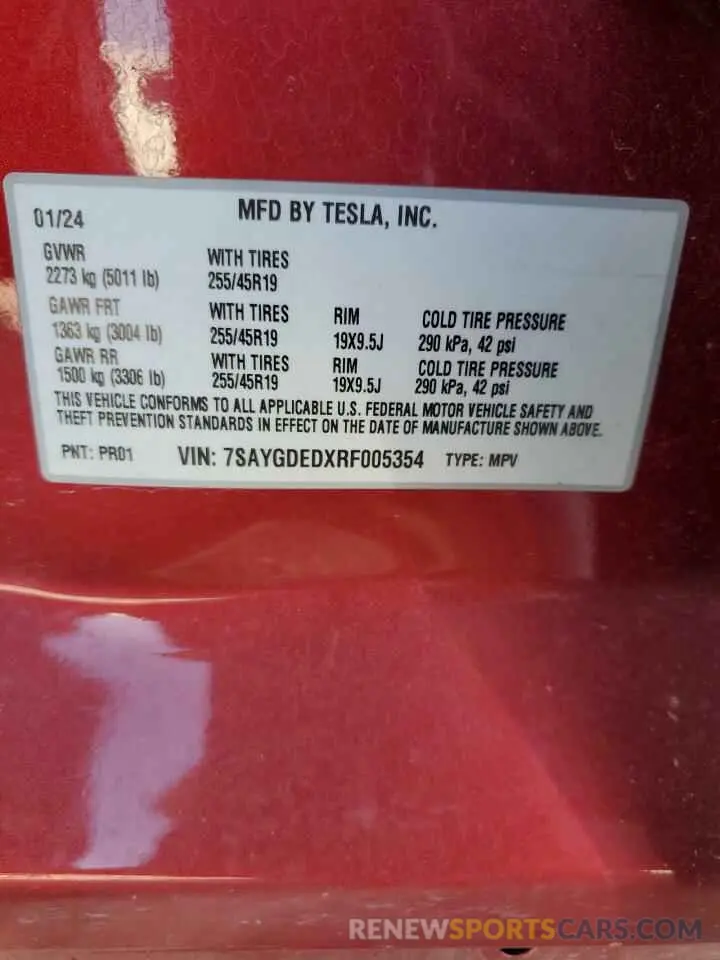 12 Photograph of a damaged car 7SAYGDEDXRF005354 TESLA MODEL Y 2024