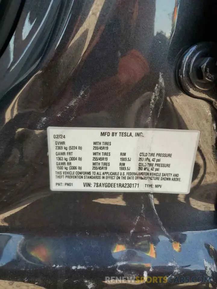 12 Photograph of a damaged car 7SAYGDEE1RA230171 TESLA MODEL Y 2024