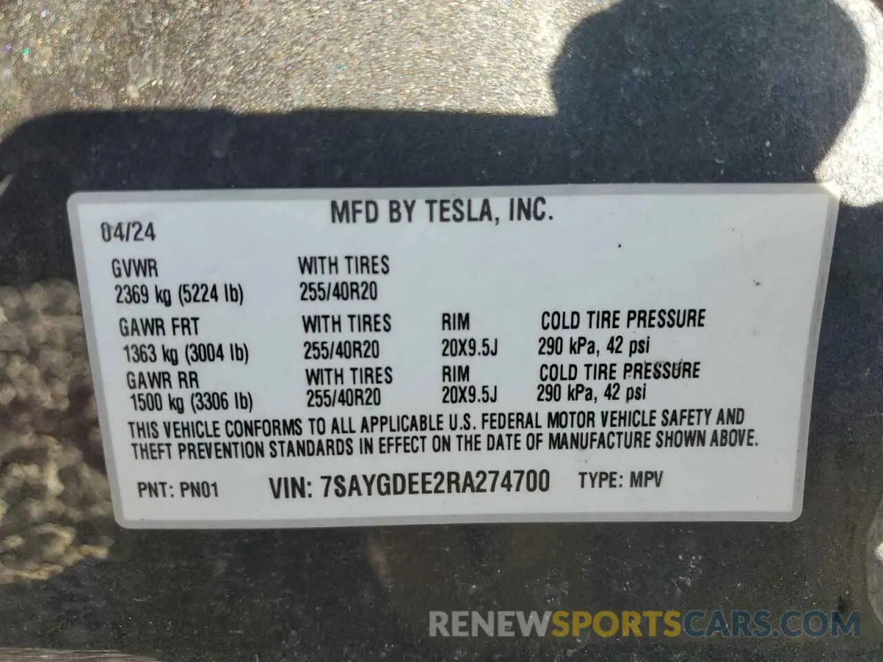 15 Photograph of a damaged car 7SAYGDEE2RA274700 TESLA MODEL Y 2024