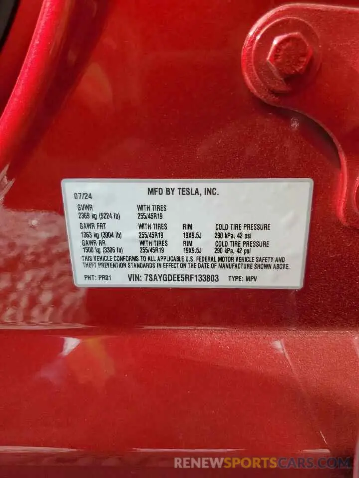 12 Photograph of a damaged car 7SAYGDEE5RF133803 TESLA MODEL Y 2024