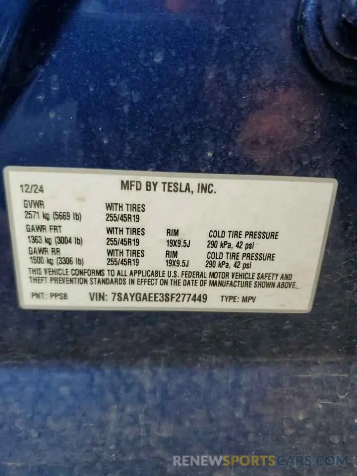 12 Photograph of a damaged car 7SAYGAEE3SF277449 TESLA MODEL Y 2025