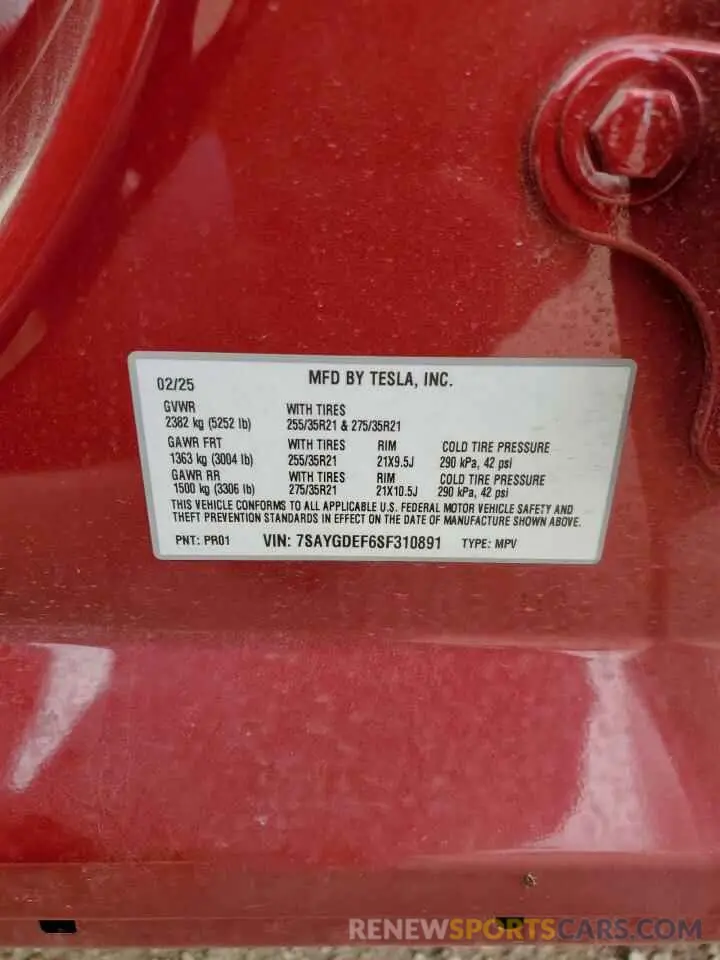 13 Photograph of a damaged car 7SAYGDEF6SF310891 TESLA MODEL Y 2025