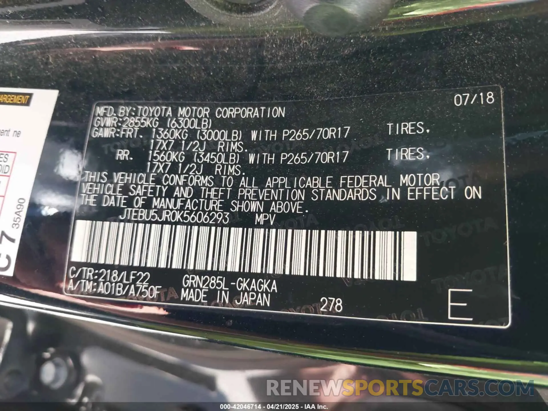 9 Photograph of a damaged car JTEBU5JR0K5606293 TOYOTA 4RUNNER 2019