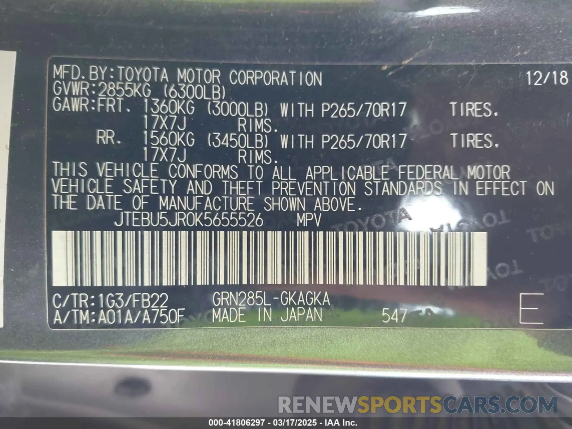 9 Photograph of a damaged car JTEBU5JR0K5655526 TOYOTA 4RUNNER 2019