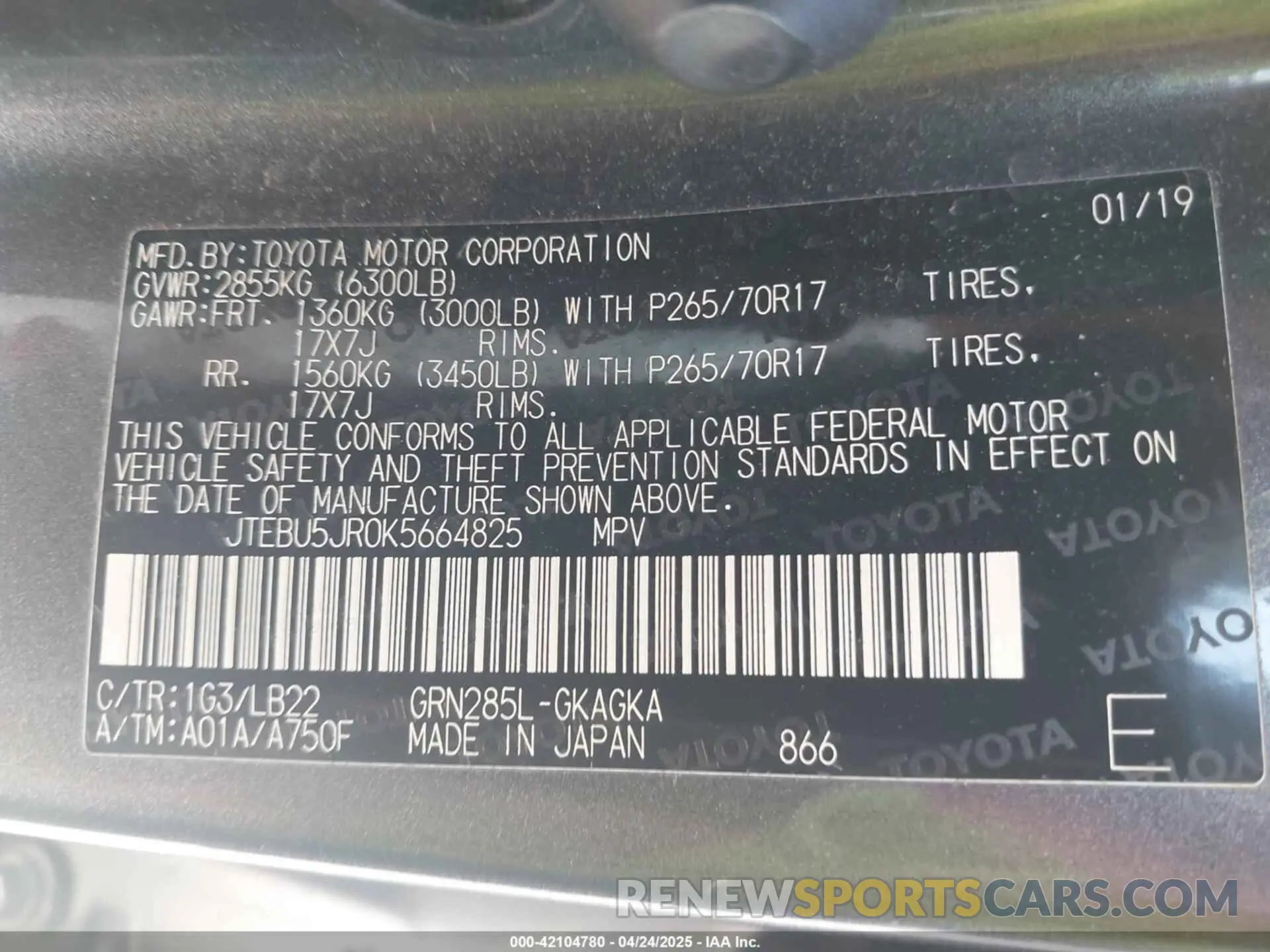 9 Photograph of a damaged car JTEBU5JR0K5664825 TOYOTA 4RUNNER 2019