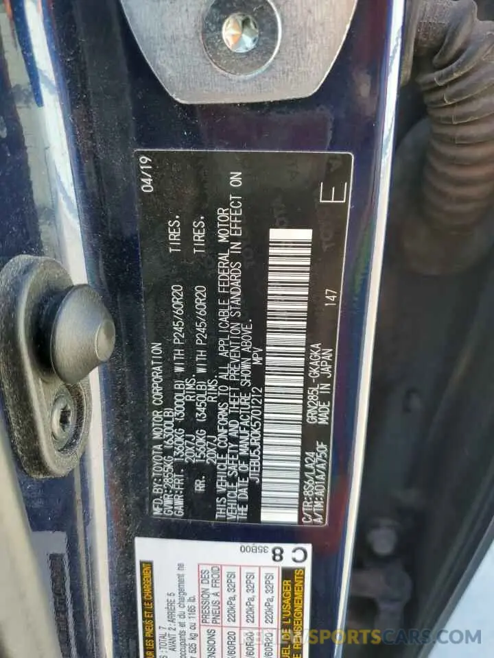 12 Photograph of a damaged car JTEBU5JR0K5701212 TOYOTA 4RUNNER 2019