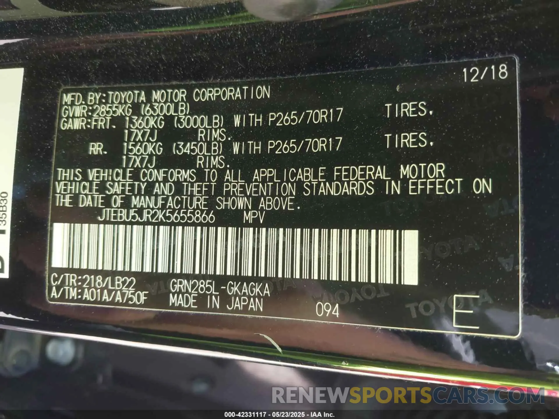 9 Photograph of a damaged car JTEBU5JR2K5655866 TOYOTA 4RUNNER 2019