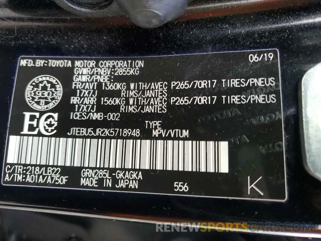 13 Photograph of a damaged car JTEBU5JR2K5718948 TOYOTA 4RUNNER 2019