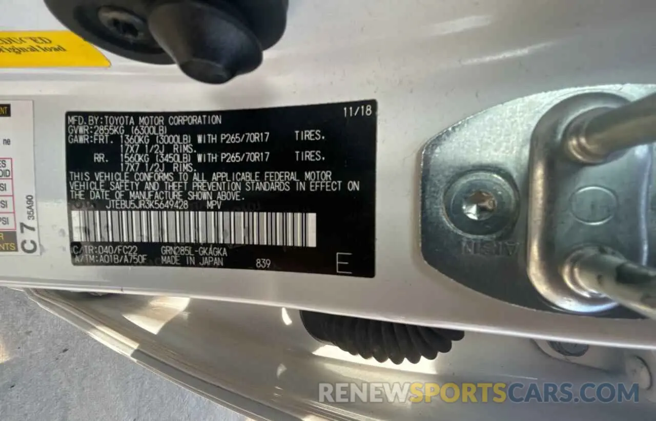 10 Photograph of a damaged car JTEBU5JR3K5649428 TOYOTA 4RUNNER 2019