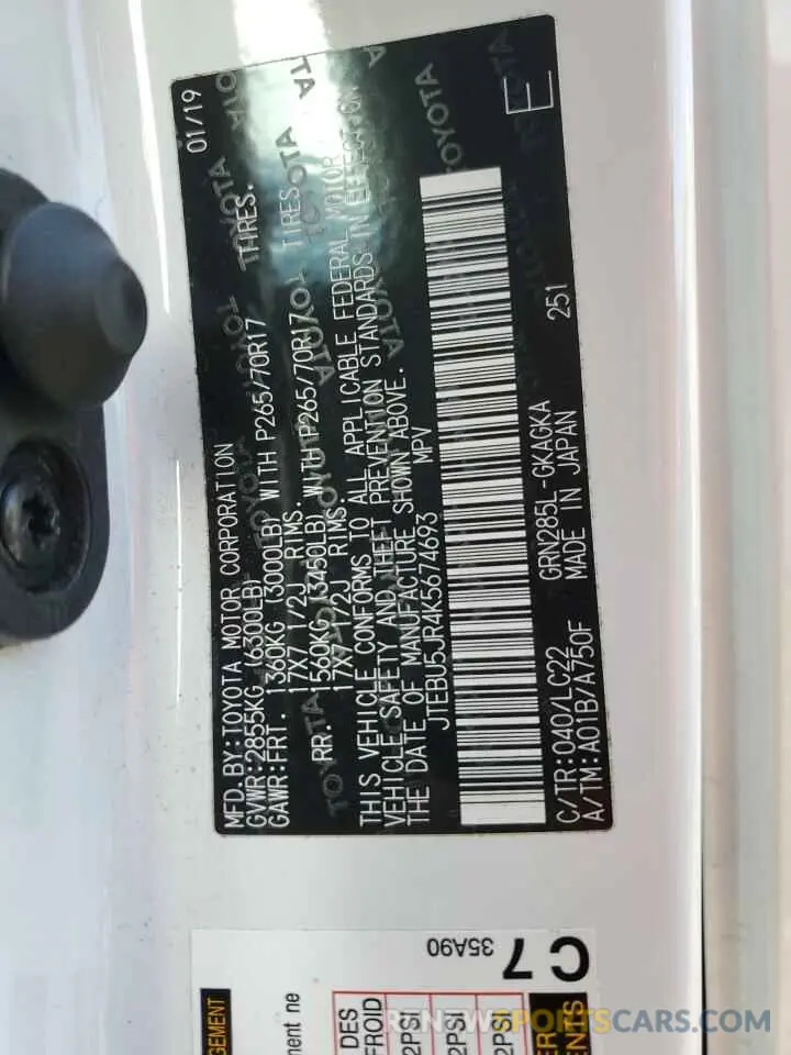 13 Photograph of a damaged car JTEBU5JR4K5674693 TOYOTA 4RUNNER 2019