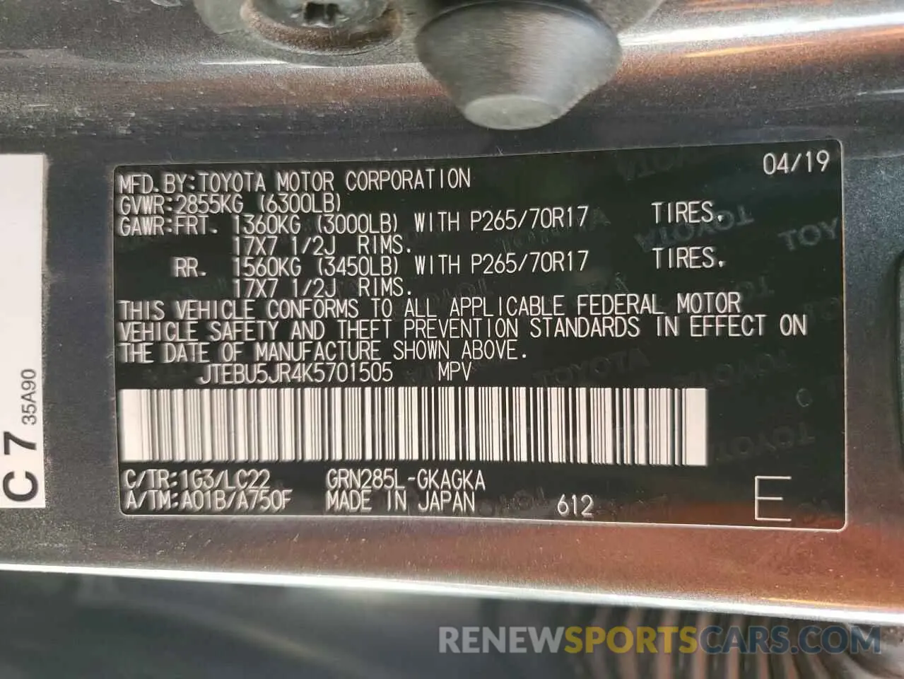 13 Photograph of a damaged car JTEBU5JR4K5701505 TOYOTA 4RUNNER 2019