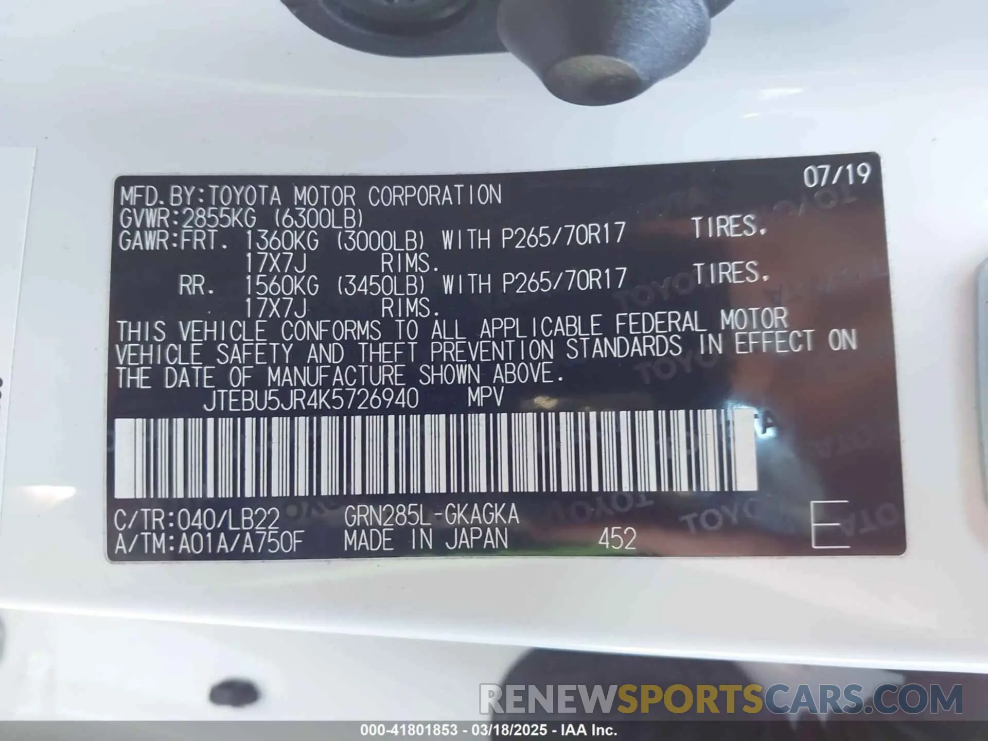 9 Photograph of a damaged car JTEBU5JR4K5726940 TOYOTA 4RUNNER 2019