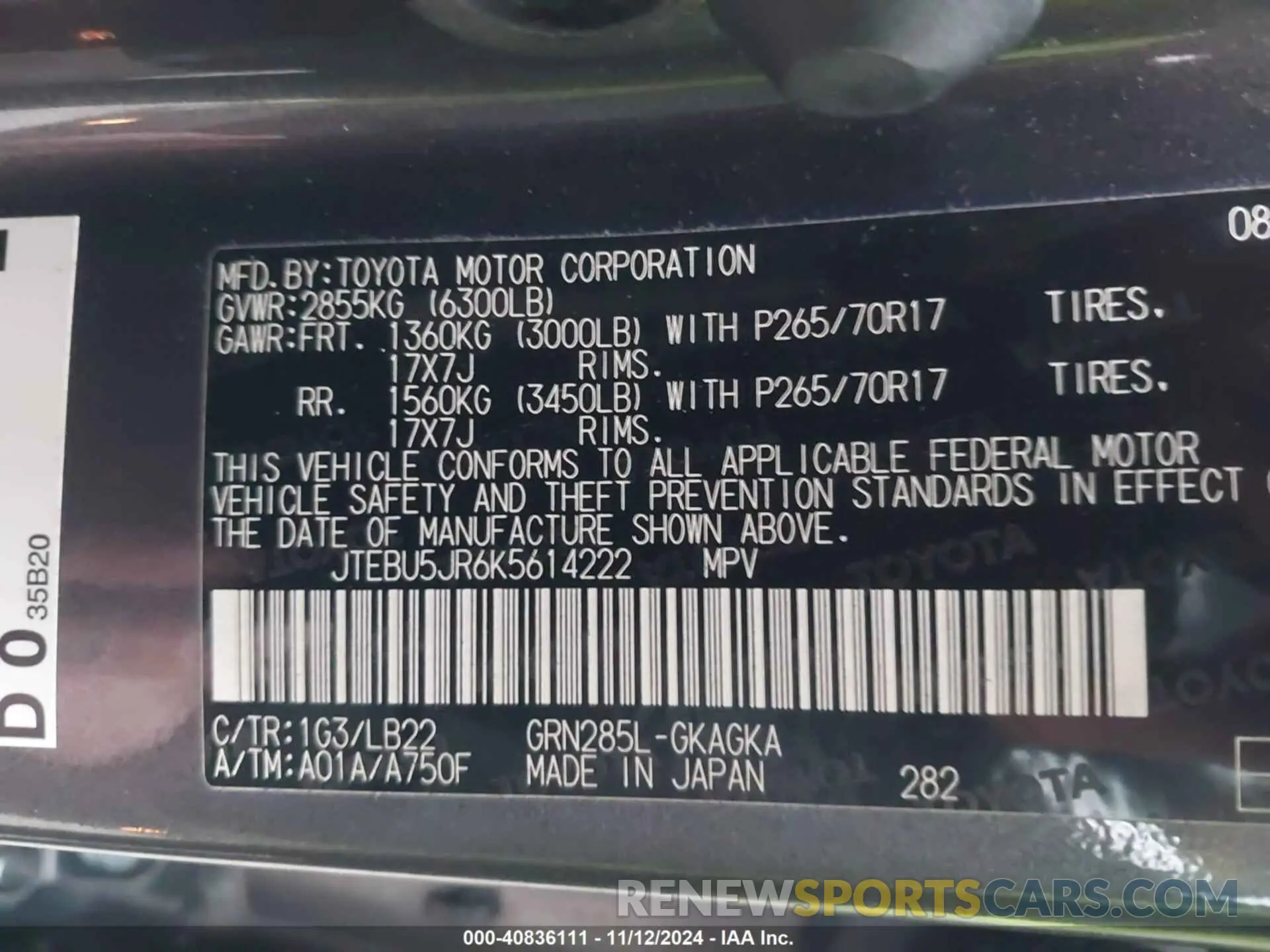 9 Photograph of a damaged car JTEBU5JR6K5614222 TOYOTA 4RUNNER 2019